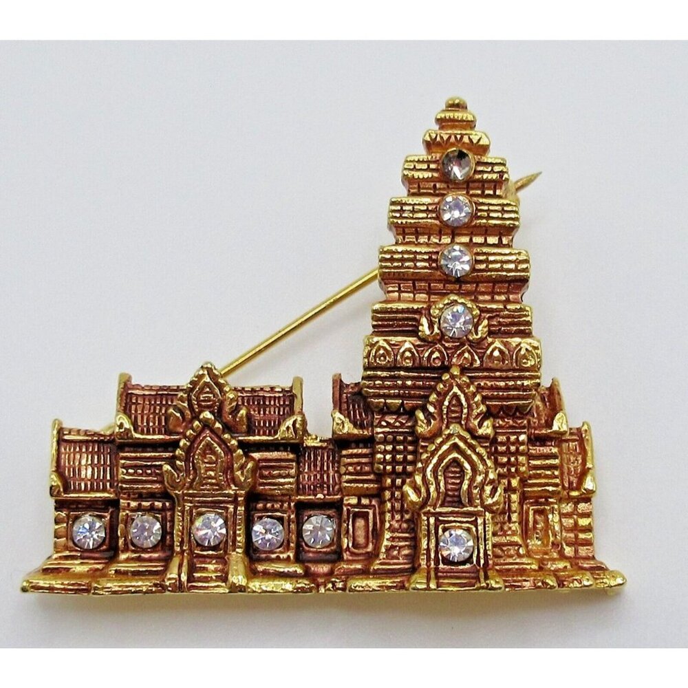 Vintage Bangkok Thailand Gold Tone Red Brooch Pin with Rhinestone Church Temple